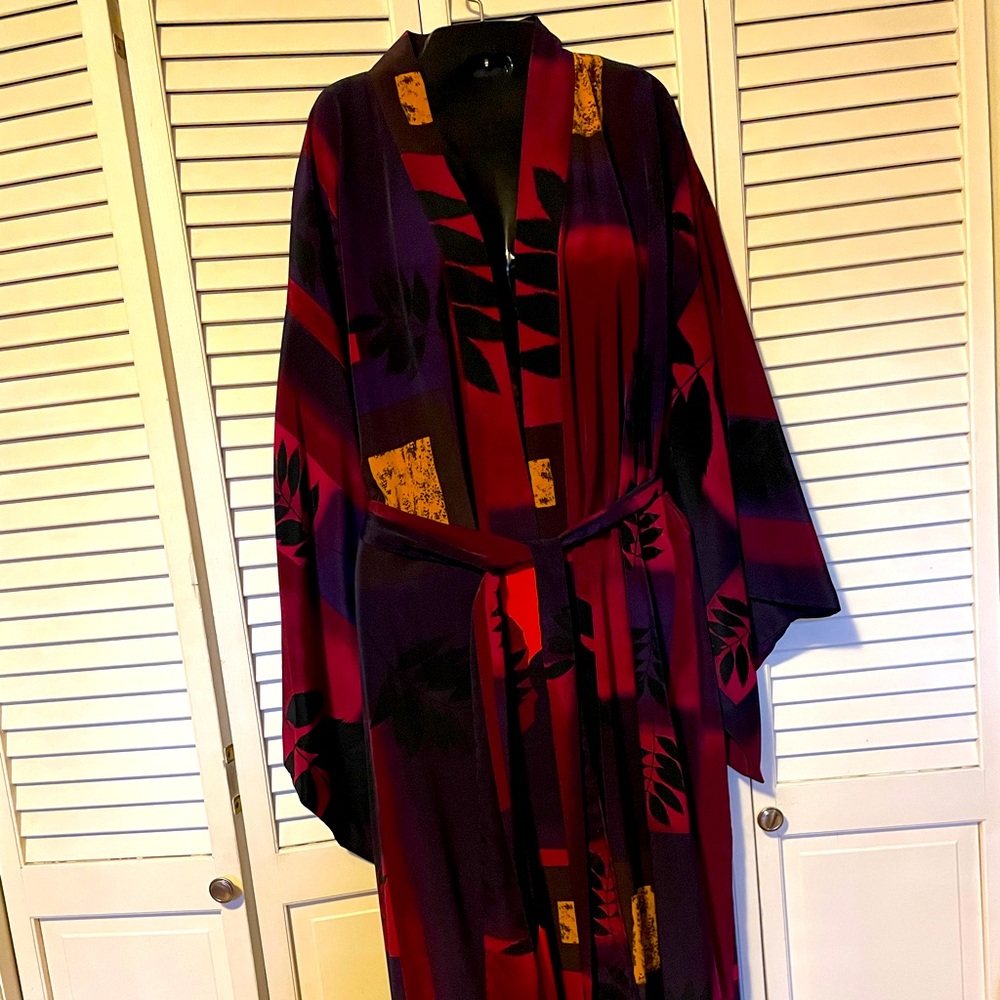 Natori Long Wrap Robe Asian Kimono Belted Pockets Sz Average